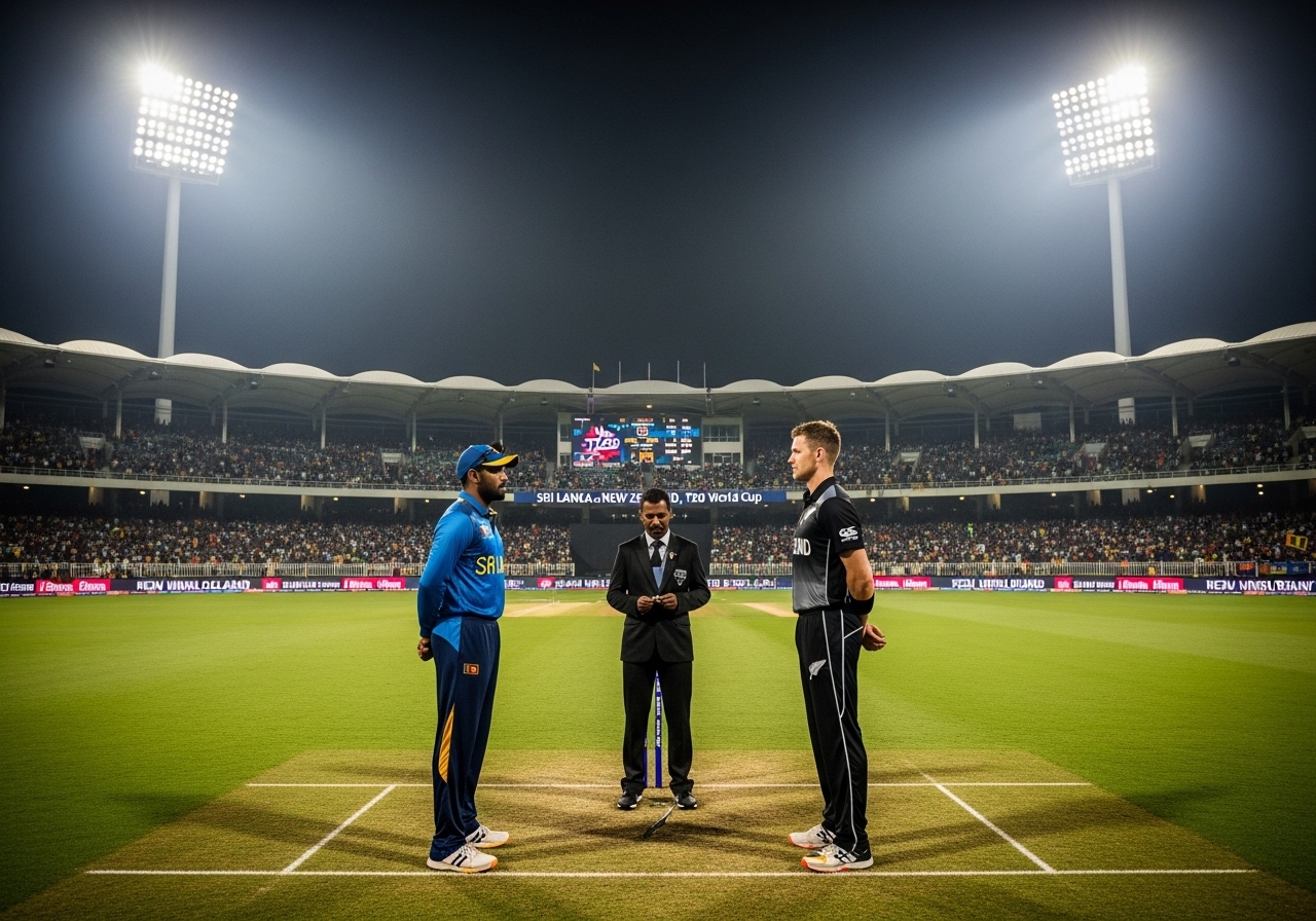 Sri Lanka and New Zealand captains at toss in a packed T20 World Cup stadium